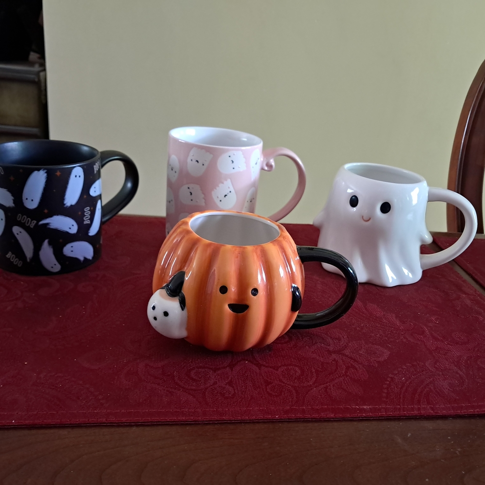 Halloween Themed Ceramic Mug Set - Orange, Black, Pink, White